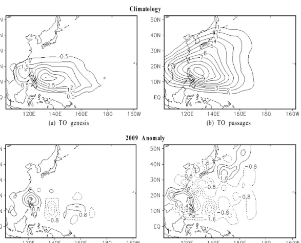 Fig.  4.  Tropical  cyclone  genesis  and  passages  frequency  in  each  5°×5°  latitude-longitude  grid
