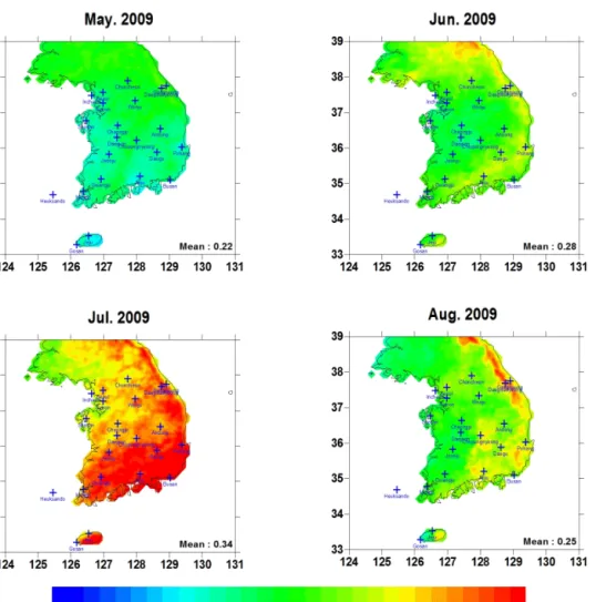 Fig.  6.  Mean  of  total  cloud(or  cloud  fraction)  data  from  May  to  Aug.,  2009