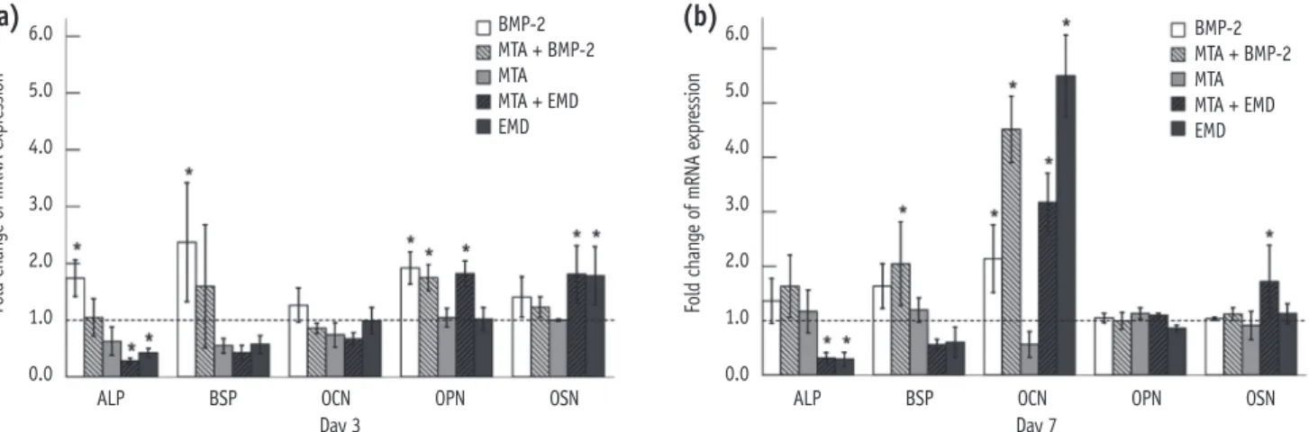 Figure 4. The fold change in the mRNA expression for ALP, BSP, OCN, OPN and OSN in MC3T3-E1 cells relative to the  control on days 3 (a) and 7 (b)