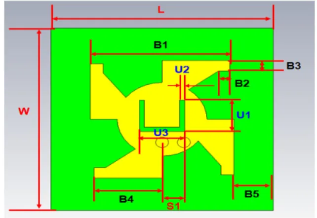 Fig.  1.  Structure  of  the  proposed  Weathercock-Shaped  Microstrip  Antenna  structure  Front-view