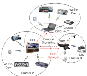 그림  1.  WUSB  Cluster  기반  DRD  네트워크  토폴로지  구성  사례