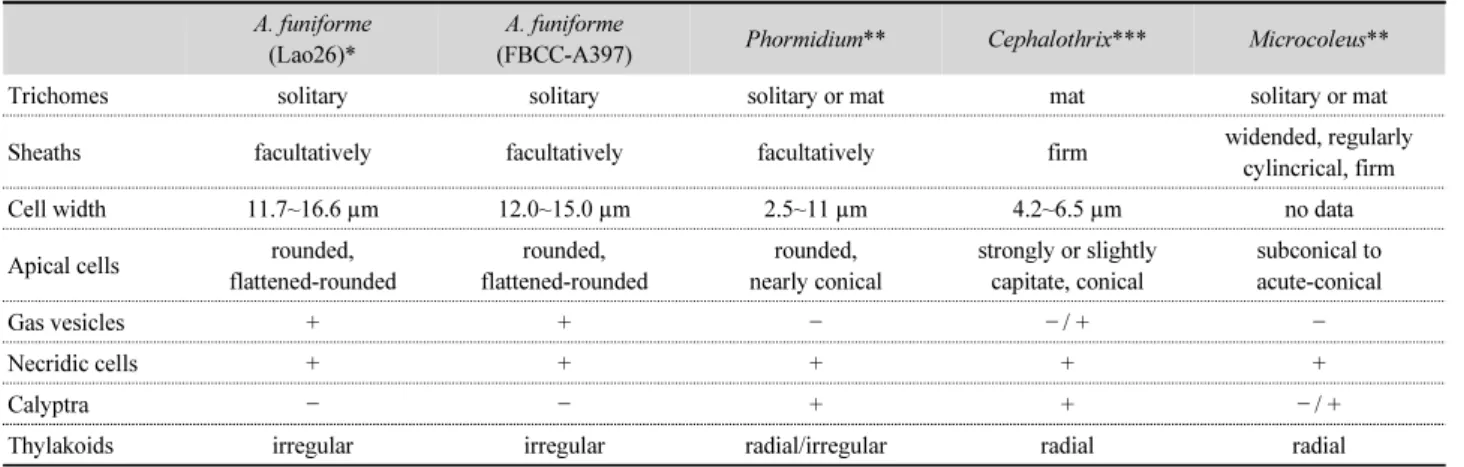 Table 3. The comparison of morphological characters between Aerosakkonema and similar genera including Phormidium A