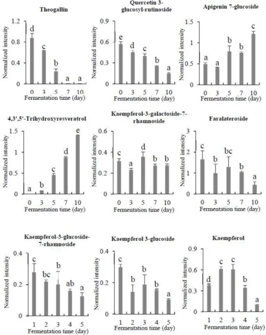 Fig.  8.  Changes  of  polyphenol  metabolite  contents  in  the  tea  fermented  with  Aspergillus  sp