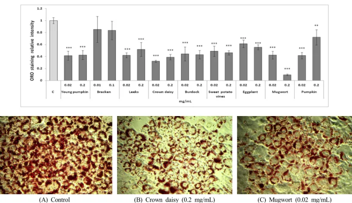 Fig.  2.  Inhibitory  effects  of  vegetables  on  lipid  accumulation  by  Oil-red  O  staining  in  differentiated  3T3-L1  adipocytes.