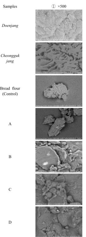 Fig.  4.  Micrographs  of  the  Doenjang,  Cheonggkjang  and  flours. 