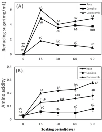 Fig.  2  Changes  of  reducing  sugar(A)  and  amino  acid  contents(B)  in  liquor  containing  rose,  camellia,  and   cock-scomb  during  soaking.
