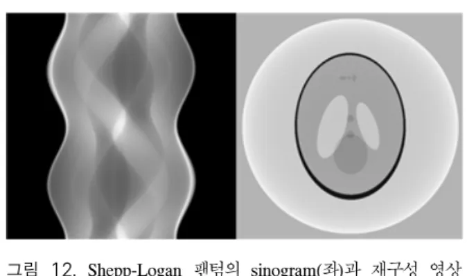 Fig.  12.  Sinogram  of  Shepp-Logan  phantom(left)  and  reconstructed  image(right)