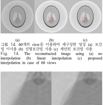 그림  16.  보간된  sinogram의  부분  확대  모습  (a)  보간법  미 사용 (b)  선형보간법 이용 (c)  제안된 보간법 이용