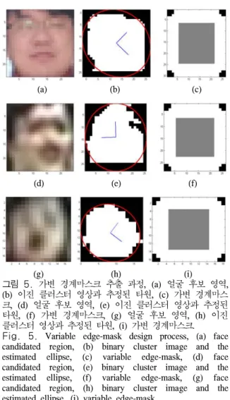 Fig.  5.  Variable  edge-mask  design  process,  (a)  face  candidated  region,  (b)  binary  cluster  image  and  the  estimated  ellipse,  (c)  variable  edge-mask,  (d)  face  candidated  region,  (e)  binary  cluster  image  and  the  estimated  ellips