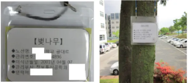 그림 6.  걸이형  이름표와 태그  &amp;  생목에 적용   Fig. 6.  Necklace  type  Name  tag  with  RFID  tag  and  the  tag  applied  to  a  tree