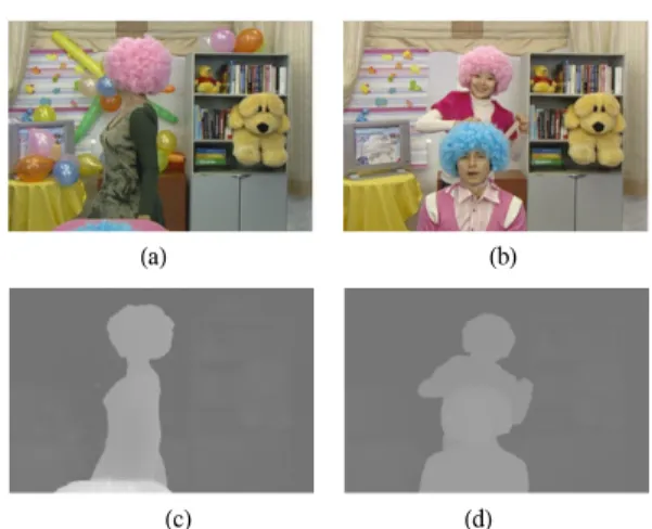 그림  2.  실험  영상    (a)  hug  영상(100th  frame),  (b)  necktie  영상(100th  frame),  (c)  hug  영상의  초기  깊이  영상(100th  frame),  (d)  necktie  영상의 초기 깊이 영상(100th  frame).