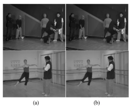 Fig. 19 Comparison  of  generated  virtual  viewpoint  images  out  of  baseline  (a)  before  background  image  applied,  and  (b)  after  background  image  applied