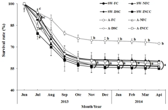 Table  3.  Proximate  analysis  of  juvenile  Haliotis discus hannai    fed  with  sea  weed  feeding  group  (SWG)  and  artificial diet feeding group (ADG) in different intermediate culture types for 10 months                             (%)
