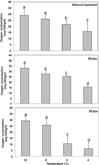 Fig. 4. Histological microscopy in the foot epidermal  layer of abalone, Haliotis discus of depending  on water temperature at 34 psu