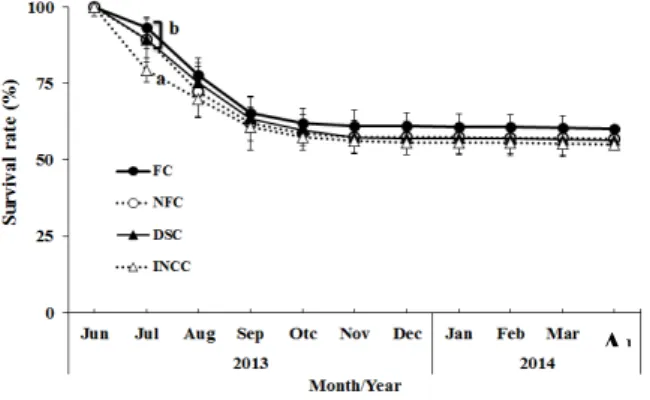 Fig. 6. Change of Survival rate (%) of juvenile abalone,  Haliotis discus hannai, reared in indoor tank by different  intermediate culture types