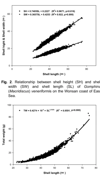 Fig. 3. Relationship between shell length (SL) and total  weight (TW) of Gomphina (Macridiscus) veneriformis on  the Wonsan coast of East Sea