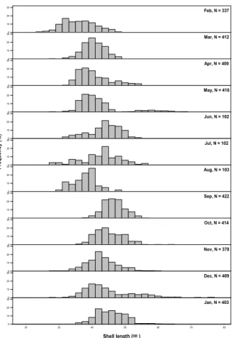 Fig. 6. Relationship between shell length and ring diameter  of Gomphina (Macridiscus) veneriformis on the Wonsan  coast of East Sea