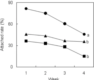 Fig. 2. Attachment (%) of Haliotis discus hannai larvae on  the plastic plates during first four weeks (●:  Caloneis  schroederi,  ▲:  Rhaphoneis sp., ■: control)