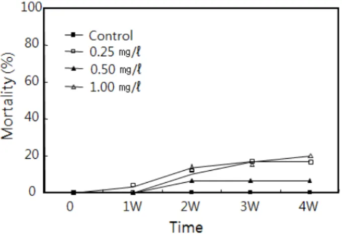 Fig. 1. Mortality of Ruditapes philippinarum exposed to lead  for 4 weeks. 