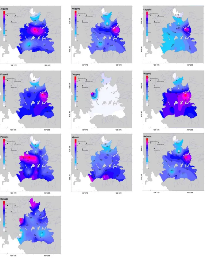 Fig. 7. Spatial variation of the concentration in Al, As, Cd, Cr, Cu, Ni, Pb, V, Zn and Hg in Goseong bay.