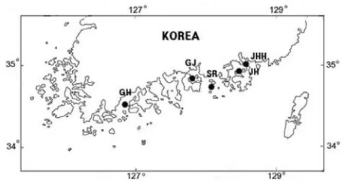 Fig. 1. Geographical locations of sampling sites for  Korean  ark shell populations. 