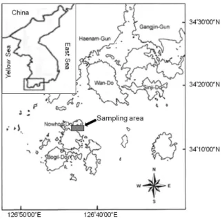 Fig. 1. Sampling area of abalone Haliotis discus hannai.  식생산량은  2009년  6,207톤, 2011년  6,779톤으로  우리나라  양식패류  생산량  중  1.7% (농수산식품부, 2011) 에  불과하지 만  생산금액은  42.9% (농수산식품부, 2011) 의  비중을  차지 하고  있어  우리나라  패류양식산업에  있어서  전복은  매우  중요 한 품종으로 자리 잡고 있다 