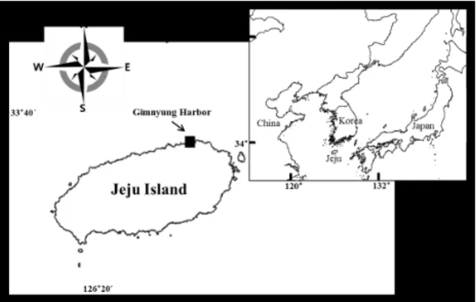 Fig. 1. Location of the study site. 성 성숙은 수온 및 염분과 같은 환경인자와 더불어 먹이생물의  계절적  변화와도  밀접한  관계를  갖는  것으로  알려져  있다  (Kang  et al., 2000, 2010)