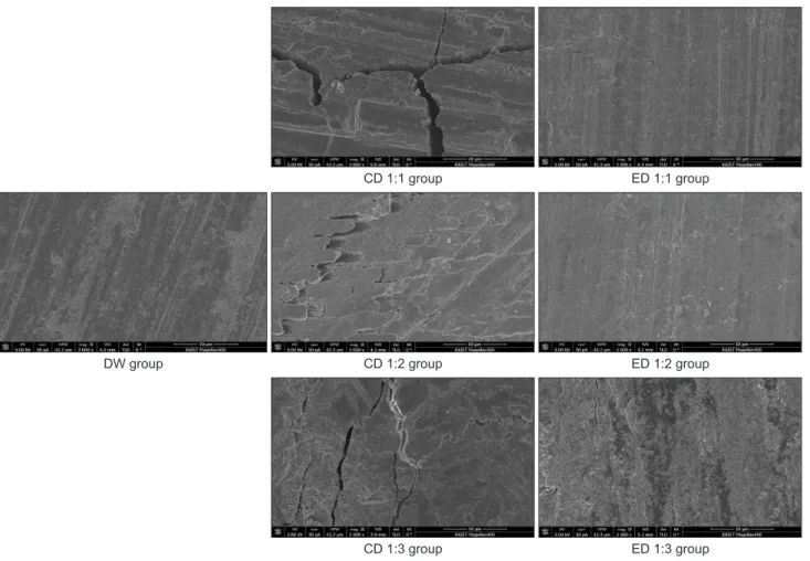 Fig. 1. Demineralization pattern of tooth surface by SEM (×3,000). DW, distilled water; CD, control dentifrice; ED, experimental dentifrice.