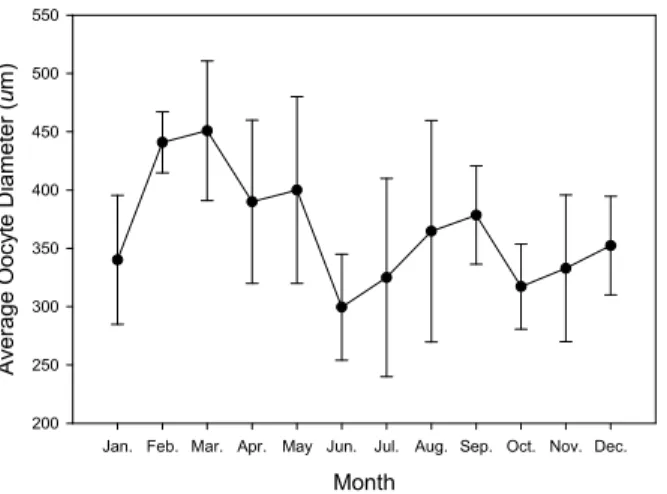 Fig. 6. Relative frequency distribution of the oocyte diameter  of Semisulcospira coreana