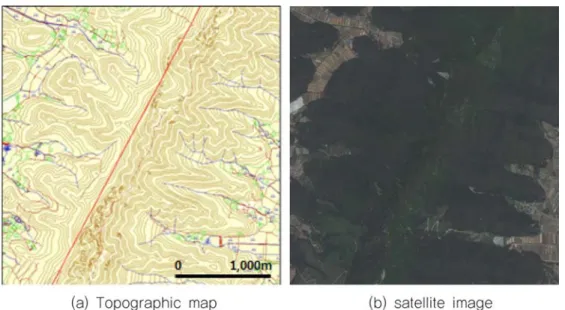 Fig. 6. Topographic and satellite image for algorithm application.