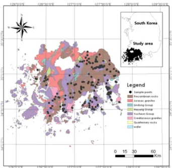 Fig. 1. Sampling sites plotted on a geological map for Jeonnam Province. 