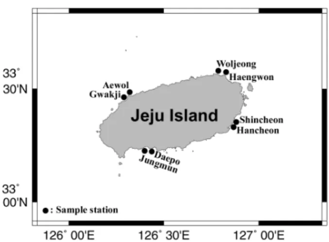 Fig. 1. A map showing the sampling stations in the coastal  waters of Jeju Island during August-September, 2008