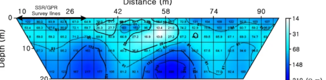 Fig. 9. Electric resistivity structures, with estimated values of <200 Ω·m down to the base of the weathered rock layer (~18 m depth).