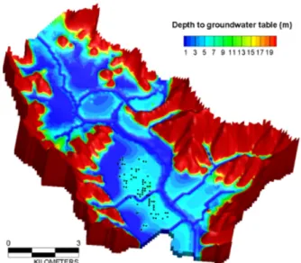 Fig. 10. Depth to groundwater table estimated by the subsur- subsur-face flow modeling.