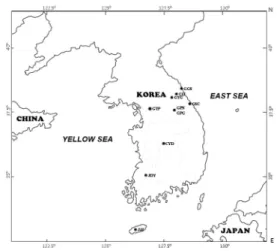 Fig. 1. Map of sampling locations of Korean freshwater  snails. Abbreviation of sampling locations are explained  in Table 1