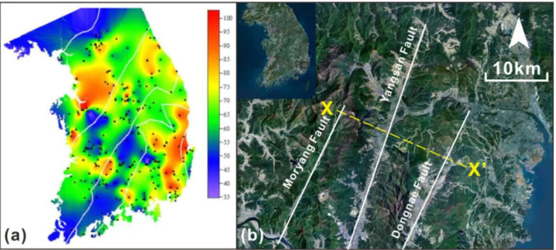 Fig. 1. (a) Distribution of heat flow on Korean peninsula (modified from Kim and Lee, 2007)