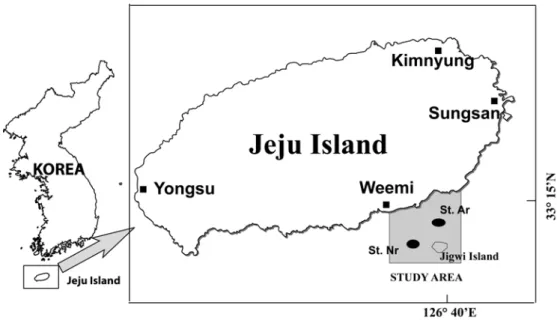 Fig. 2. Maps showing the four sampling area (■) and the release site (   ) for Batillus cornutus study  in coastal waters of Jeju Island