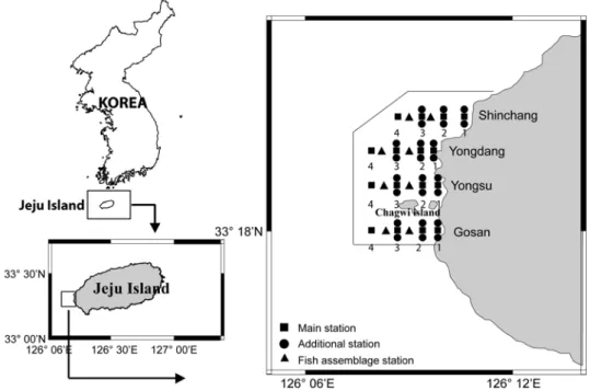 Fig. 1. Map of surveyed station in coastal water of Chagwi-do. Samples were collected by  SCUBA diving from a main survey station (square) with two additional stations (circle)  and by two sets of fish assemblage (triangle) during September 2004 through Au