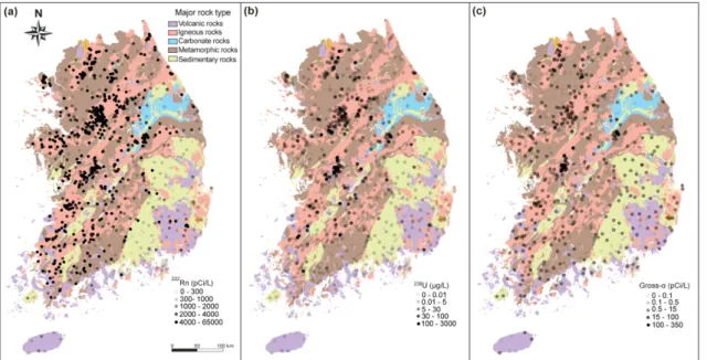 Fig. 3. Spatial distributions of the significant groundwater concentrations of (a)  222 Rn, (b)  238 U, and (c) gross- α, shown on a geology base map.