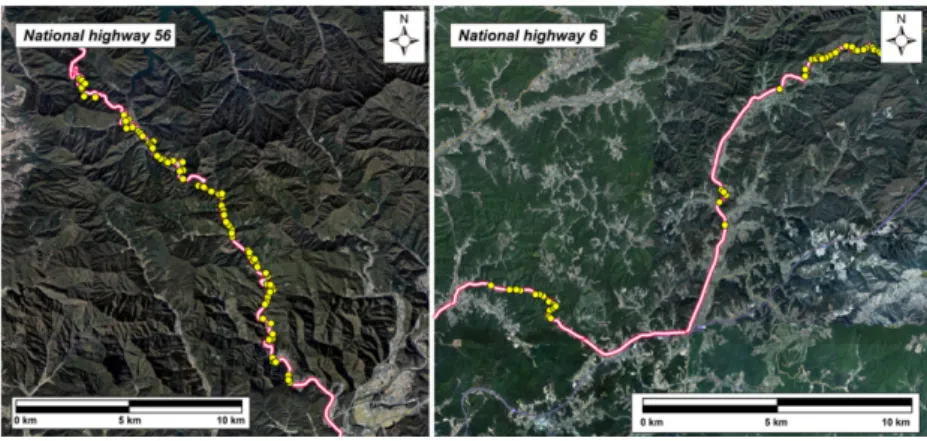 Fig. 1. The satelite image of the study area and studied valley distributed along Route 6 and 56.