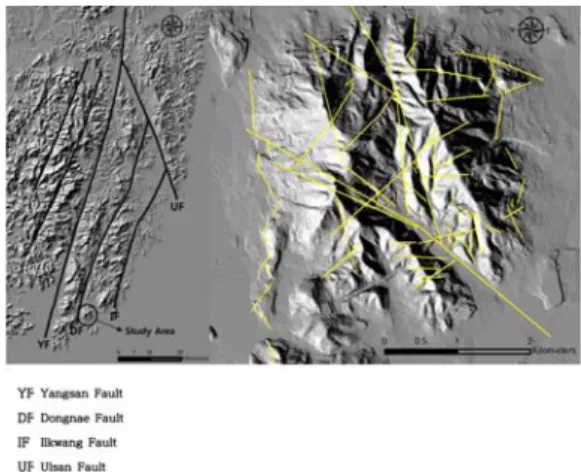 Fig. 2. Major faults system at Busan-Ulsan district and lineament distribution in the study area (modified from KIGAM, 1983).
