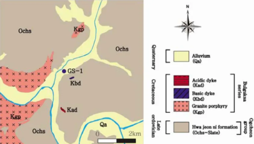 Fig. 2. Geological map of the study area, showing the location of the borehole at the Goesan site (modified from Lee and Kim, 1972).