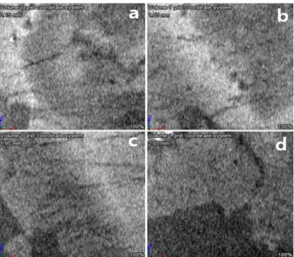 Fig. 6. Image slices of highly weathered granite (sample HW-2) obtained over an area of 3 mm × 3 mm, at depths of 0.15 mm (a), 1.05 mm (b), 1.95 mm (c), and 2.85 mm (d)