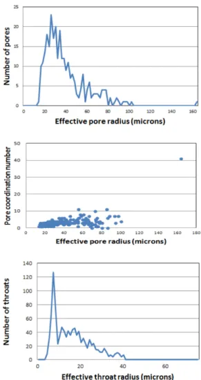 Fig. 10. Analysis of highly weathered granite (HW-2) showing the distribution of the pore number as a function of pore size (upper), the distribution of the number of throats as a function of throat radius (middle), and the distribution of the coordination