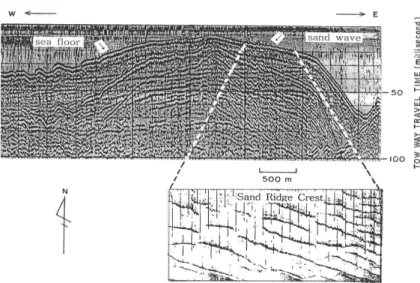 Fig. 5. Seismic profile and side scan sonar data across the sand waves.