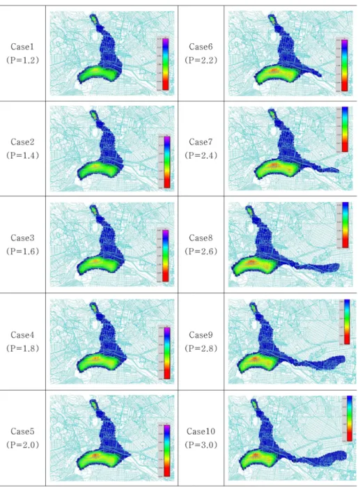 Fig. 9. Inundation area simulated by FLO-2D for different shape factors.