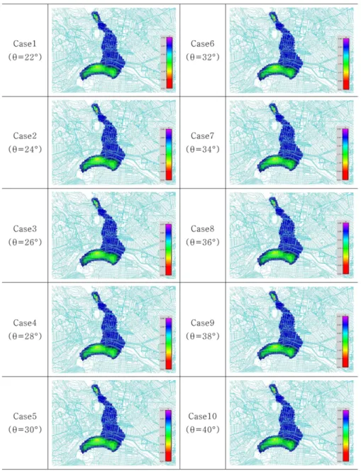 Fig. 6. Inundation area simulated by FLO-2D for different breach angles.