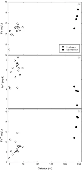 Fig. 5. Spatial variations in Fe (a), Fe 2+  (b), and Fe 3+  (c) concentrations in stream water.
