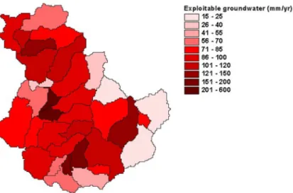 Fig. 8. Exploitable groundwater abstraction for each subwatershed in the Musimcheon watershed.