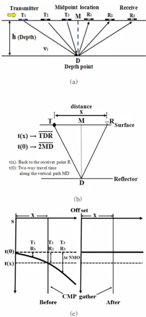 Fig. 4. CMP-GPR configuration (Fisher et. al., 1992); (a) conception, (b) CMP gather for a single horizontal reflector, and (c) NMO correction involves mapping nonzero-offset travel time t(x) onto zero-offset travel time t(0).